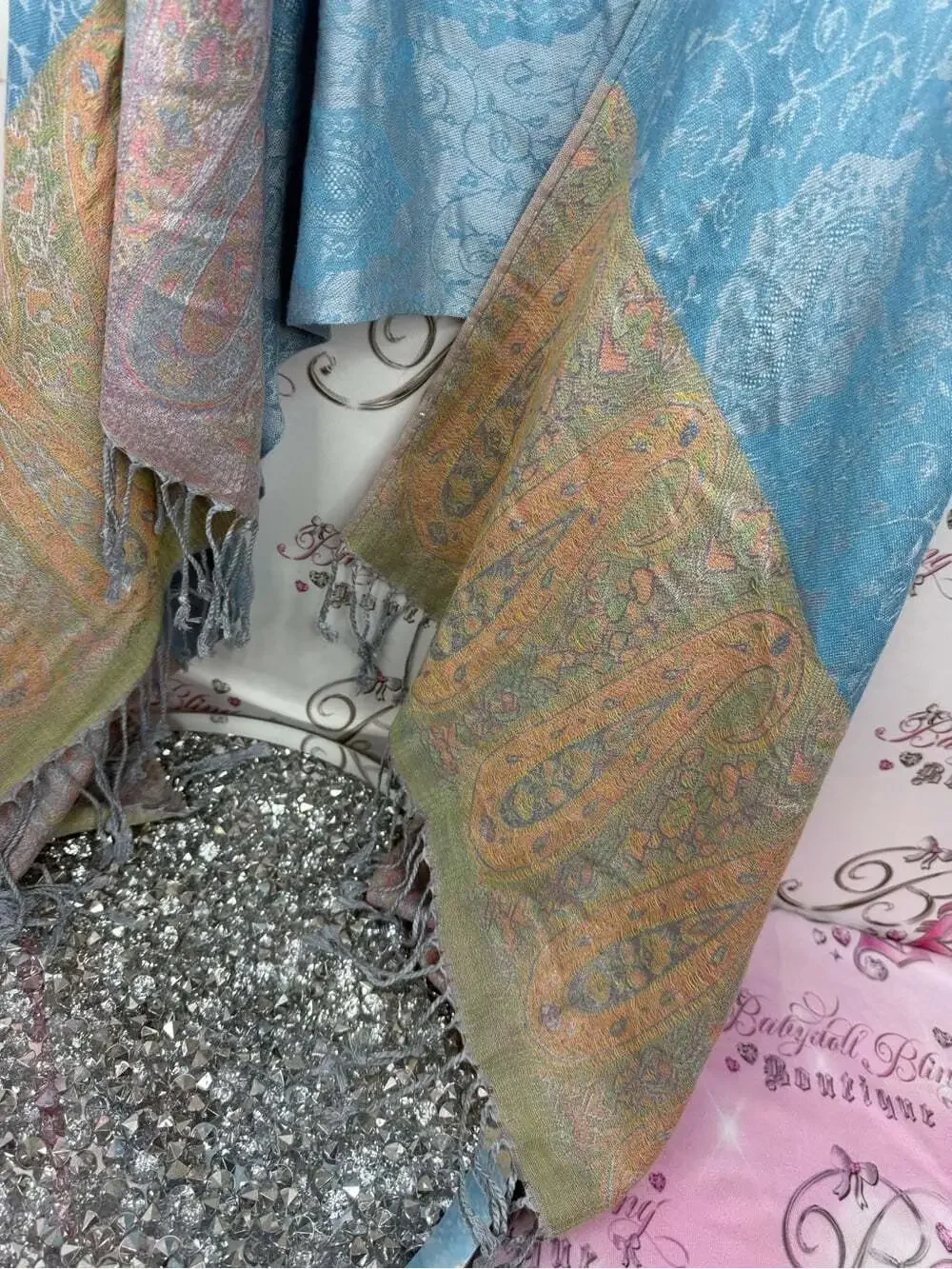 Scarf Light Blue Paisley Woven Wrap with Pastel Trim